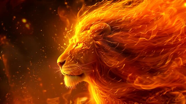 The fiery lion head. Anime or digital painting style, looping 4k video animation background