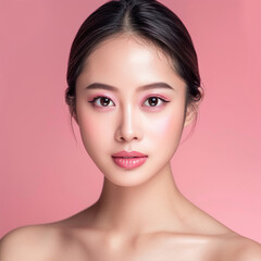 Closeup portrait of young Asian beautiful woman with Korean beauty make up style and healthy and perfect skin isolated on pink background for skincare commercial product advertising.