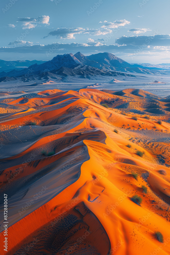 Poster aerial view of a vast desert landscape, with rolling sand dunes creating patterns and open spaces fo