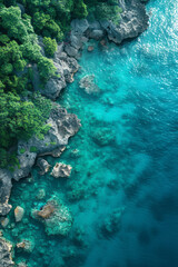 Obraz premium Top-down shot of a clear coral reef in turquoise waters, with a section of open ocean for copy space,