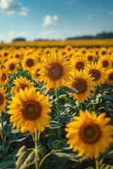 Fototapeta premium Overhead view of a sunflower field with a clear sky above, providing ample space for text,