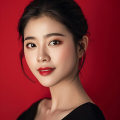 Fototapeta premium Closeup portrait of young Asian beautiful woman with Korean beauty make up style and healthy and perfect skin isolated on pink background for skincare commercial product advertising.