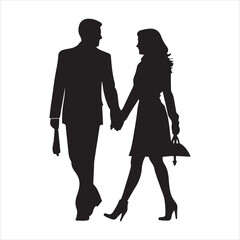 black flat design couple holding hands and walking silhouette white background
