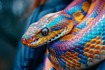 Fototapeta premium Macro shot of a snakes scales with a rainbow sheen, resting peacefully on a persons shoulder,