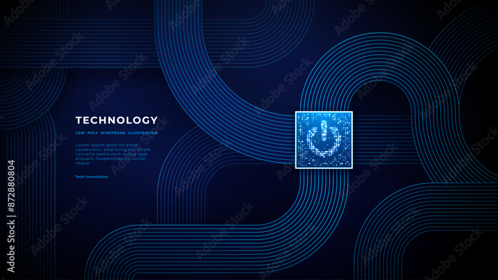 Fototapete Abstract digital technology background. Power button or icon from glowing pixels on a semiconductor surface. AI chip. Light blue circuit flat cable. Tech bg. Innovation concept. Vector illustration.