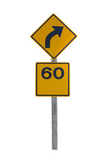 Yellow traffic sign with arrow and number 60, Isolate on white background .