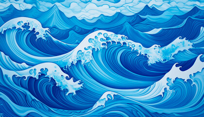 This stunning image showcases vibrant waves crashing in a beautiful oceanic pattern, using intricate designs and rich blue tones to highlight the power and beauty of the sea.