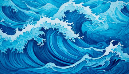 This stunning image showcases vibrant waves crashing in a beautiful oceanic pattern, using intricate designs and rich blue tones to highlight the power and beauty of the sea.