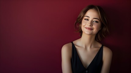 Fototapeta premium Smiling Woman in Elegant Black Dress Posing on Burgundy Background with Neo Pop Sensibility