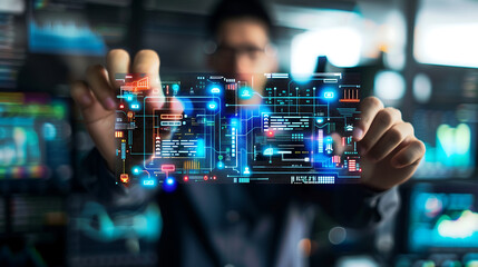 A professional holding up an interactive digital screen displaying data and graphs, representing the integration of technology in business management for advanced intelligence. 