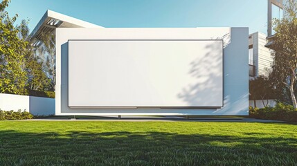 Obraz premium Blank white billboard in the yard of a modern minimalist house, surrounded by pristine green grass.