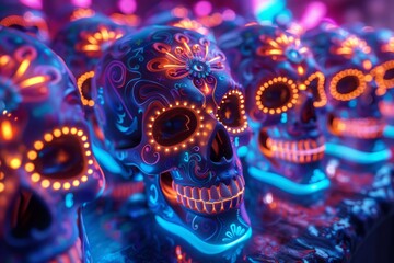Fototapeta premium Colorful Dia de los Muertos skulls with vibrant floral decorations, showcasing festive Mexican culture and lively artistry in a detailed, dynamic design.