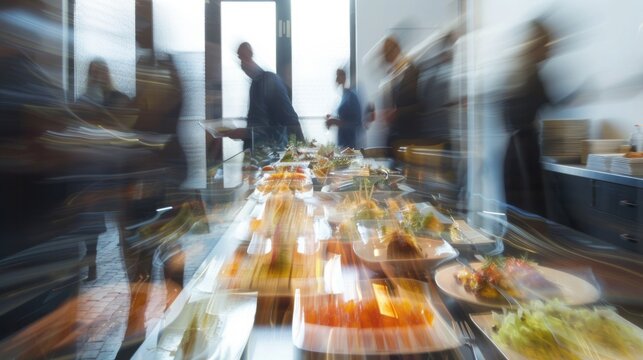 Abstract blurred people socializing during buffet lunch break at business meeting or conference, corporate networking event with diverse attendees mingling, engaging conversations, and professional at