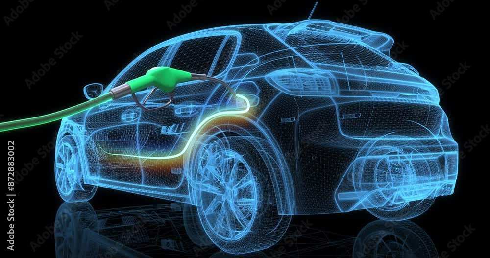 Poster V8 Car Engine Starting with Internal Combustion at Gas Station. Industry And Technology Related 3D Animation.