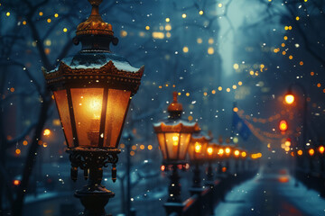 Detailed view of a layered cityscape with glowing street lamps and twinkling stars in the background,
