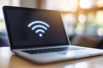 A laptop computer rests on a table, with a bright white WiFi symbol displayed on its screen.