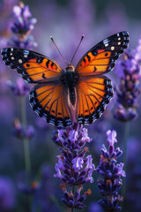 Fototapeta premium Detailed view of a cartoon butterfly with orange and black wings on a lavender flower, surrounded by a playful field,