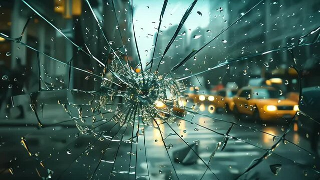 Close-up of bulletproof glass test, safety features, fracture pattern