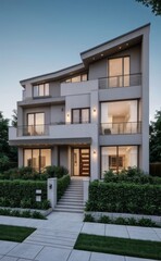 Fototapeta premium A Contemporary Dwelling with Stylish Architecture, Beautiful Exterior Design, and a Serene Garden Setting. Perfect Family Home in a Residential Neighborhood, Featuring Thoughtful Construction