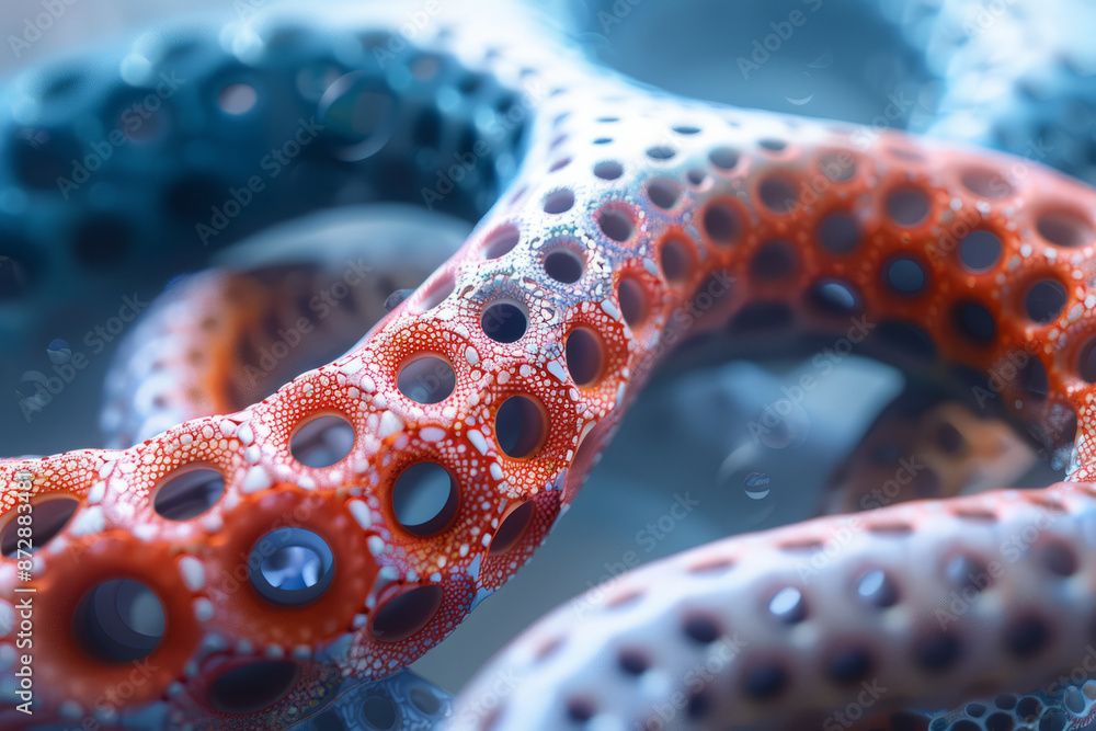 Poster close-up of a red and blue, with intricate geometric patterns and smooth curves,