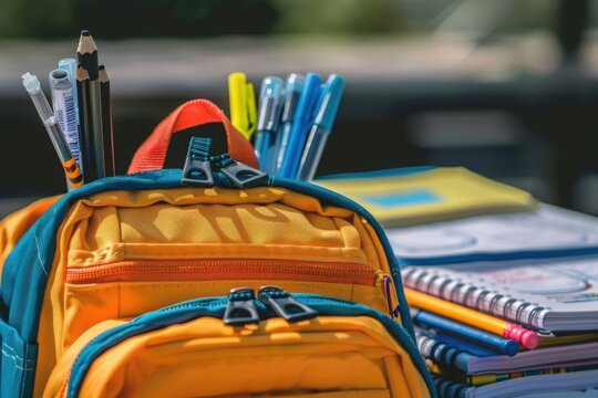 A yellow backpack sits on a table, filled with pens, pencils, and other supplies, ready for the first day of school in September.