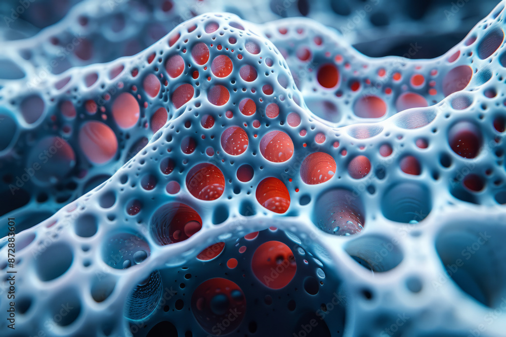 Poster close-up of a computer-generated visualization of a red and blue, showing its intricate design,