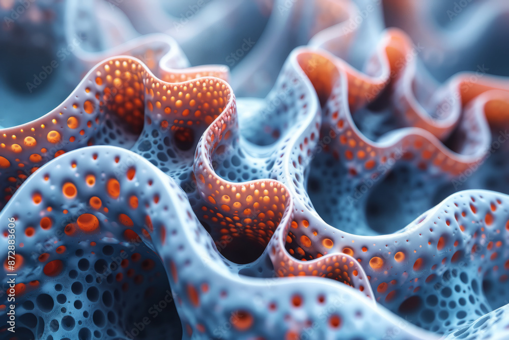 Poster close-up of a computer-generated visualization of a red and blue, showing its intricate design,