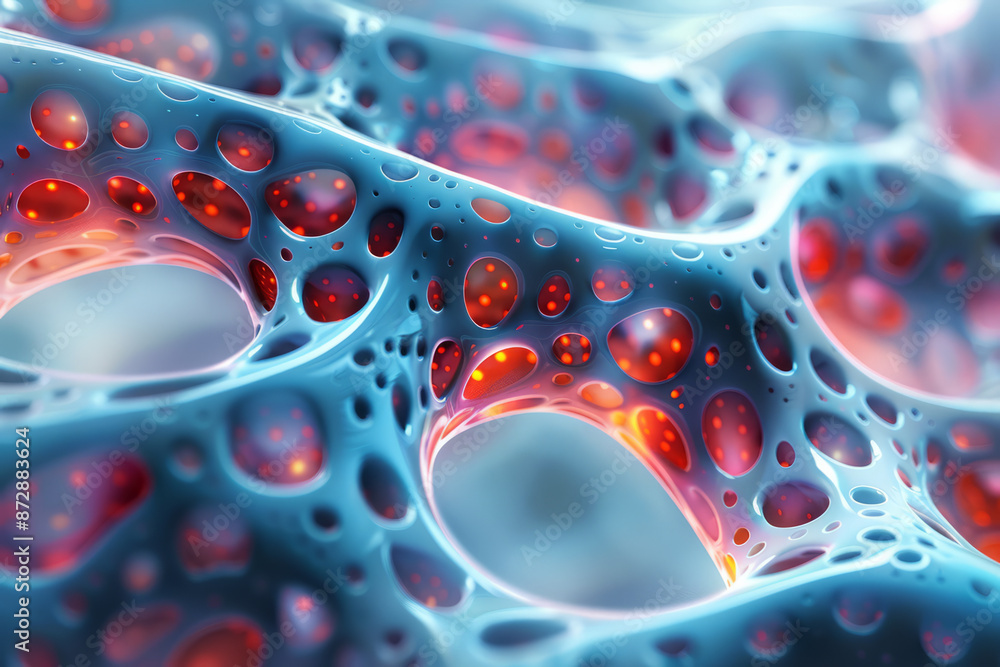 Poster close-up of a computer-generated visualization of a red and blue, showing its intricate design,