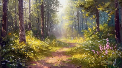 Obraz premium Illustrate an oil painting of a tranquil forest path in spring, with blooming wildflowers, tall trees, and dappled sunlight filtering through the canopy.