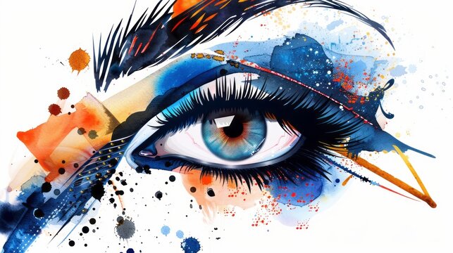 Abstract fashion illustration of an eye with creative makeup - vibrant and artistic design featuring bold colors and unique makeup patterns, perfect for beauty, cosmetic, and fashion concepts