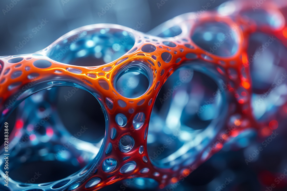 Poster macro shot of the differential geometry aspects of a red and blue, focusing on the detailed lines an