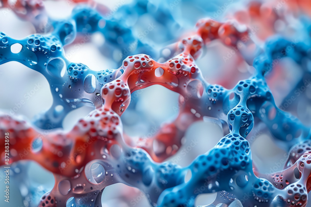 Poster close-up of a mathematical model of a red and blue, with annotations and explanations,