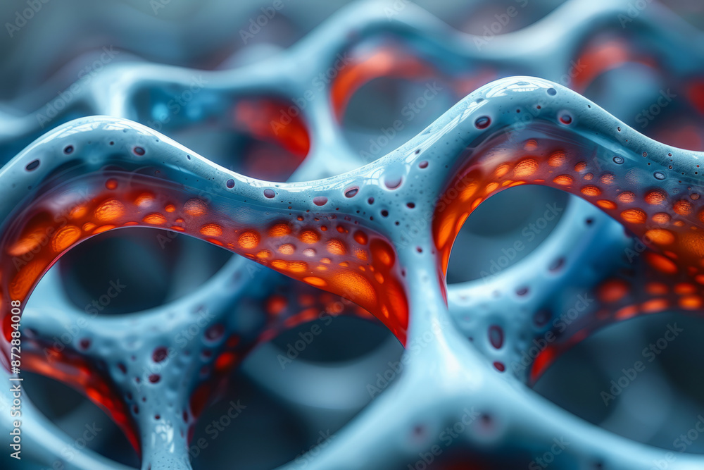 Poster close-up of a computer simulation of a red and blue, with intricate visual details,