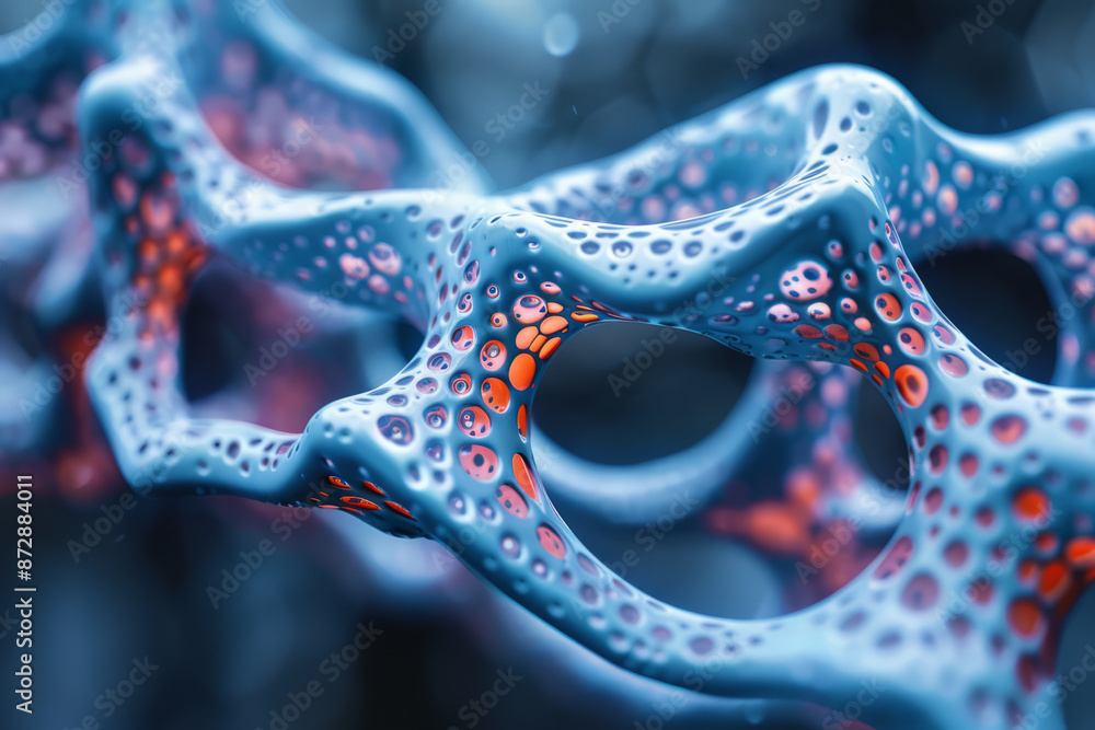 Poster close-up of a computer simulation of a red and blue, with intricate visual details,