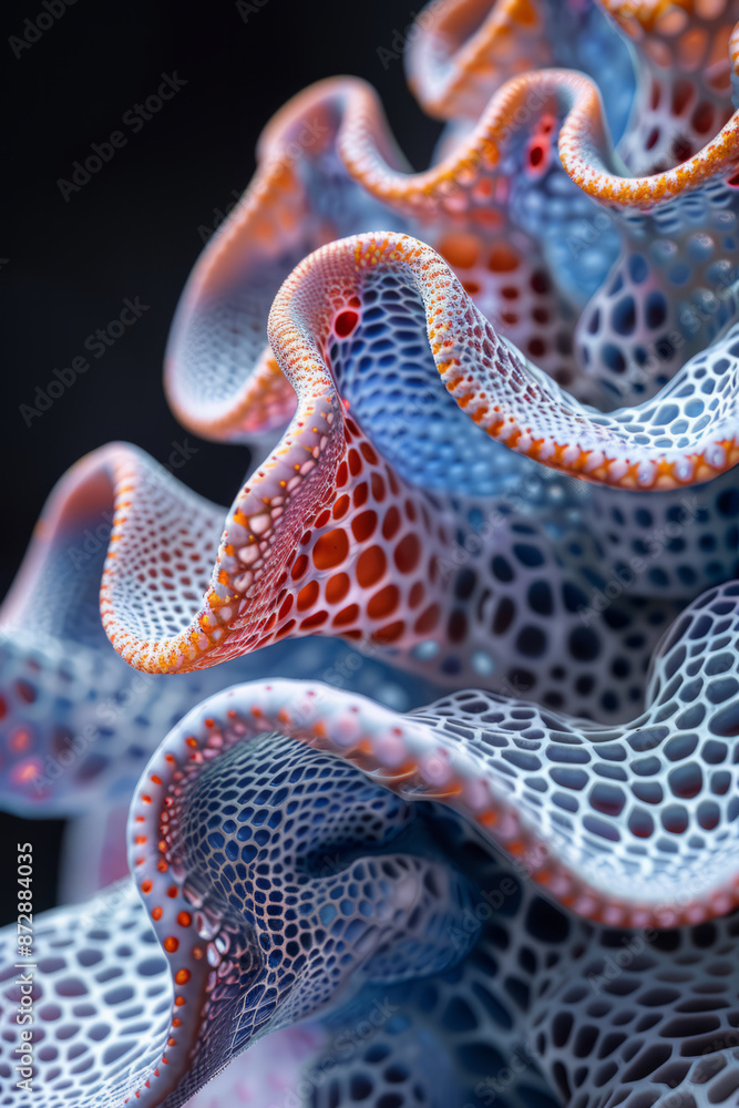 Poster detailed image of the mathematical properties of a red and blue, with focus on its unique features,