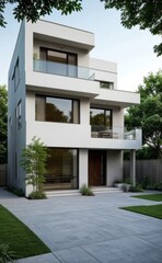 Fototapeta premium A Contemporary Dwelling with Stylish Architecture, Beautiful Exterior Design, and a Serene Garden Setting. Perfect Family Home in a Residential Neighborhood, Featuring Thoughtful Construction