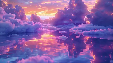 A surreal dreamscape of neon-lit clouds floating above a shimmering sea of liquid gold, casting reflections that ripple and dance across the wet pavement.