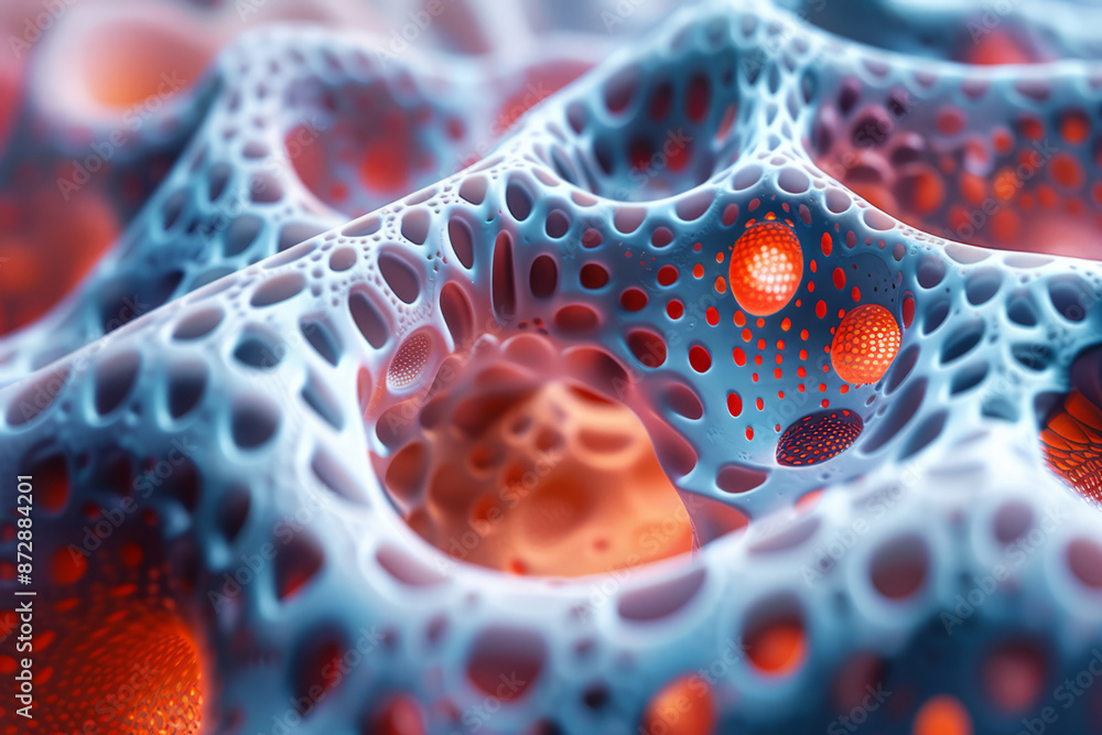 Poster macro image of the inner product spaces on a red and blue, highlighting the interactions,