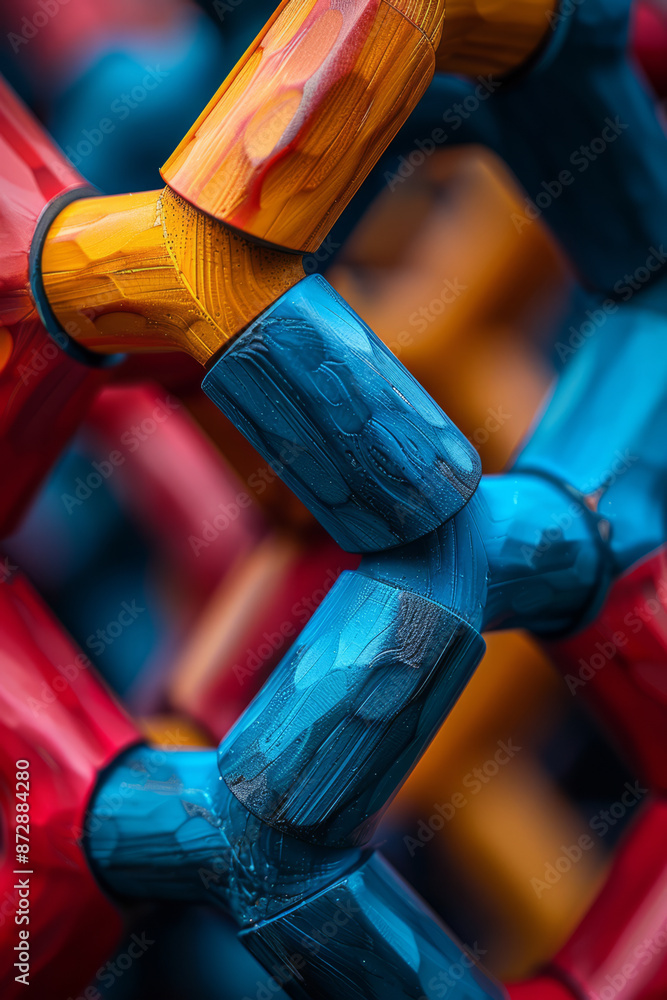 Poster macro view of the intersecting lines and shapes of a red and blue, with precise details,