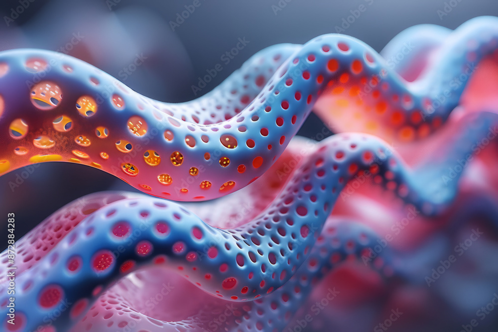 Poster close-up of a red and blue, with intricate geometric patterns and smooth curves,