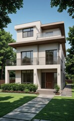 A Contemporary Dwelling with Stylish Architecture, Beautiful Exterior Design, and a Serene Garden Setting. Perfect Family Home in a Residential Neighborhood, Featuring Thoughtful Construction