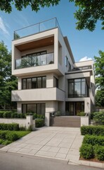 A Contemporary Dwelling with Stylish Architecture, Beautiful Exterior Design, and a Serene Garden Setting. Perfect Family Home in a Residential Neighborhood, Featuring Thoughtful Construction