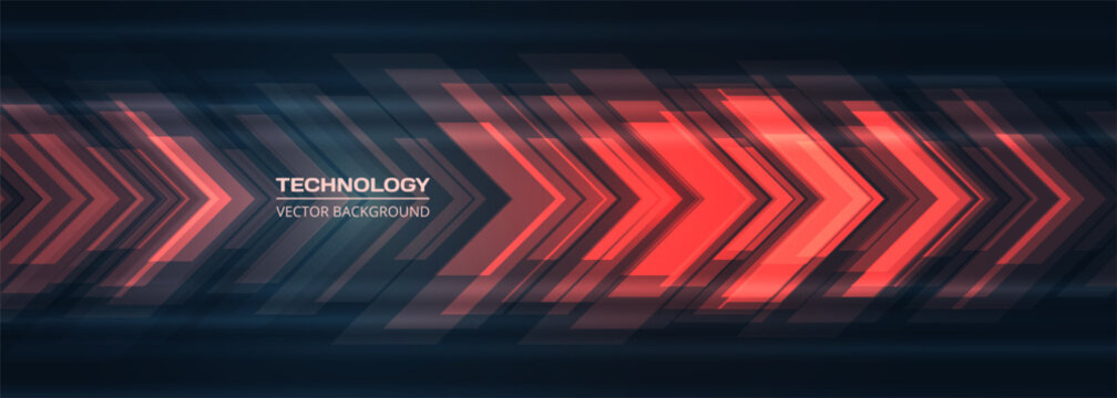 Red technology arrows on dark futuristic abstract background. High-speed movement concept dynamic motion red hi tech digital arrows. Technology vector illustration for banner or poster design.