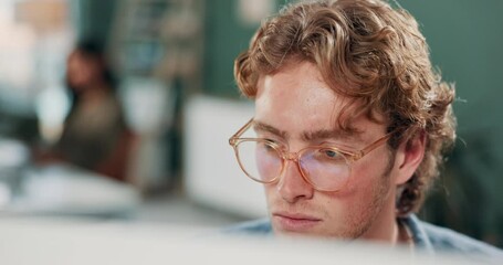 Research, computer and man in office, glasses and reading of email for project with head shake or nod. Employee typing, internet and connection, web with agreement or yes for business copywriting