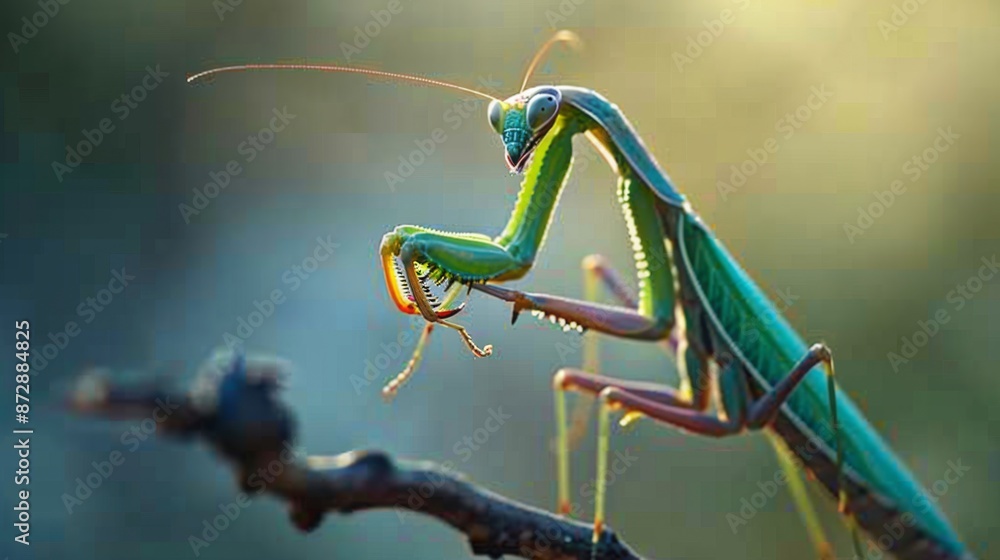 Poster a praying mantis perched on a twig, its head turned to observe its surroundings