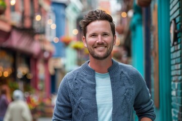 Fototapeta premium Portrait of a blissful caucasian man in his 30s wearing a chic cardigan on vibrant market street background