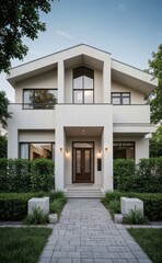Fototapeta premium A Contemporary Dwelling with Stylish Architecture, Beautiful Exterior Design, and a Serene Garden Setting. Perfect Family Home in a Residential Neighborhood, Featuring Thoughtful Construction