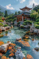 Detailed view of a Chinese garden rockery with sculpted stones, tranquil water features, and a dreamy sky filled with clouds,