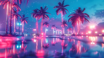A surreal dreamscape of neon-lit palm trees swaying gently in a soft, warm breeze, their reflections dancing across the glossy surface of the wet pavement.