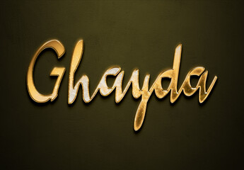 Old gold text effect of Arabic name Ghayda with 3D glossy style Mockup.